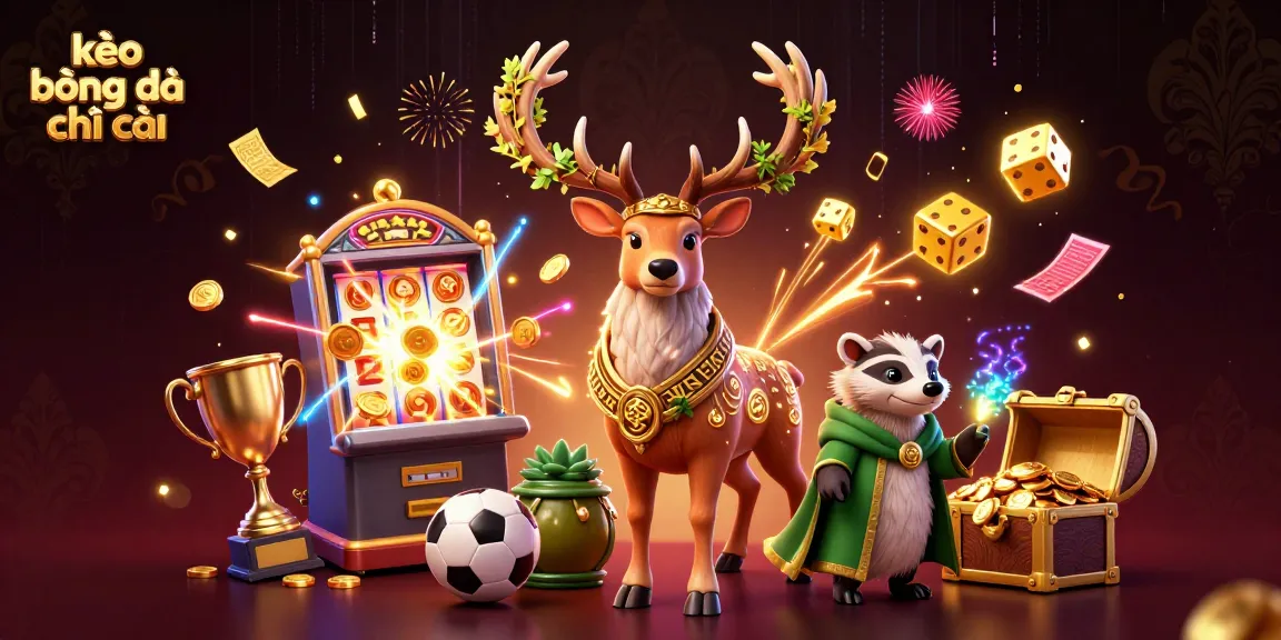 Engage with kèo bóng đá nhà cái through an energetic scene of a cartoon stag and badger amidst vibrant gambling elements.