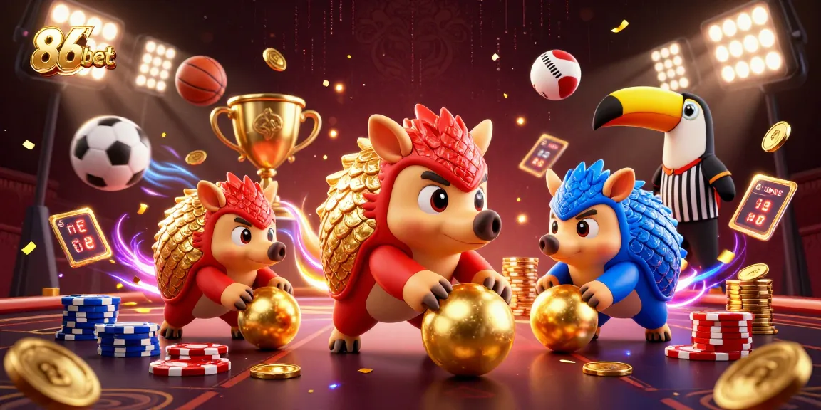 Engaging scene showcasing the rivalry between pangolins in armor as they bowl through poker chips at 86bet gaming.