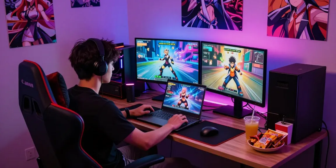 Engaging scene of a gamer playing gay hentai games in a vibrant gaming nook with LED lights.