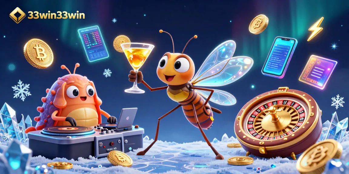 Bet on 33win33win as the frozen-in-amber mosquito mascot comes to life in a vibrant casino scene.