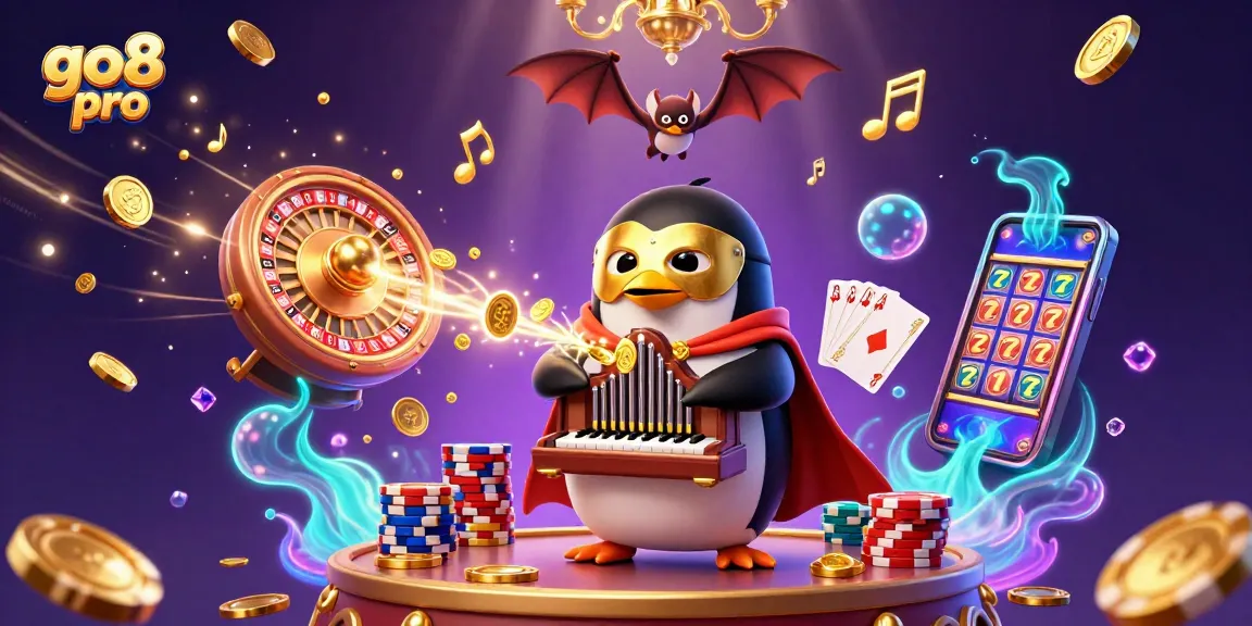 Engage and win with go8 pro in a dynamic casino illustration featuring golden coins and games.
