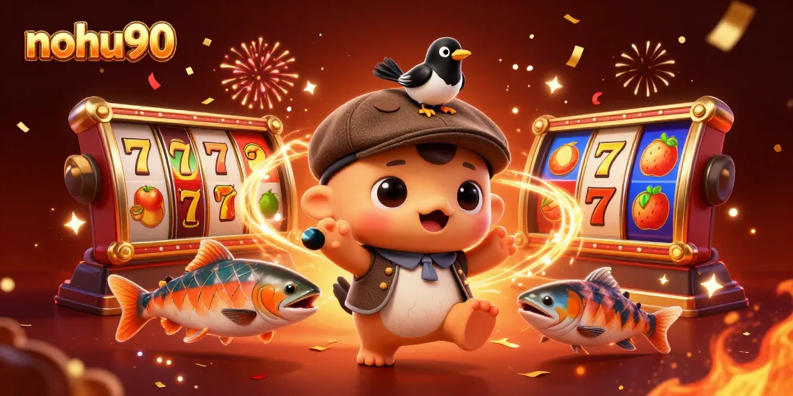 Embrace excitement at nohu90 with a vibrant, playful 3D casino scene featuring slot games and dynamic characters.