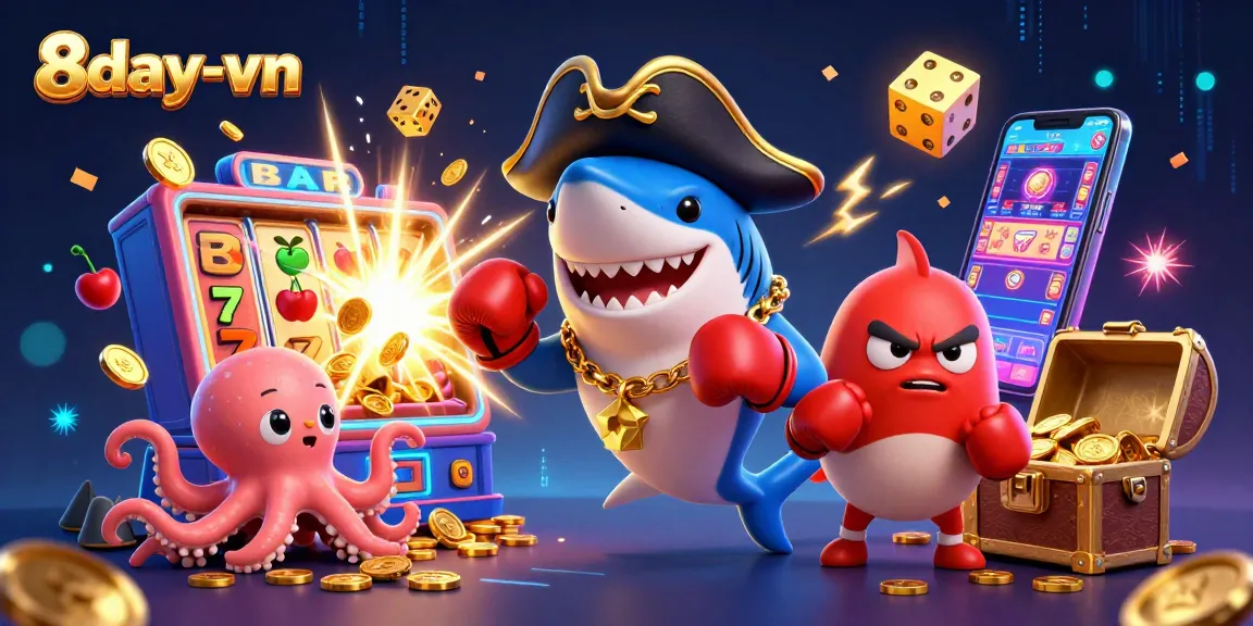 Experience vibrant gaming action at 8day-vn with cartoon characters, exciting slots, and gold coins.