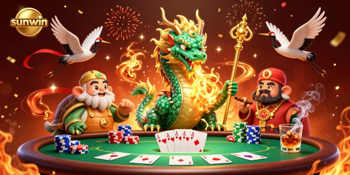Experience excitement with sunwin as the jade dragon breathes fire above the poker scene filled with chips and cards.