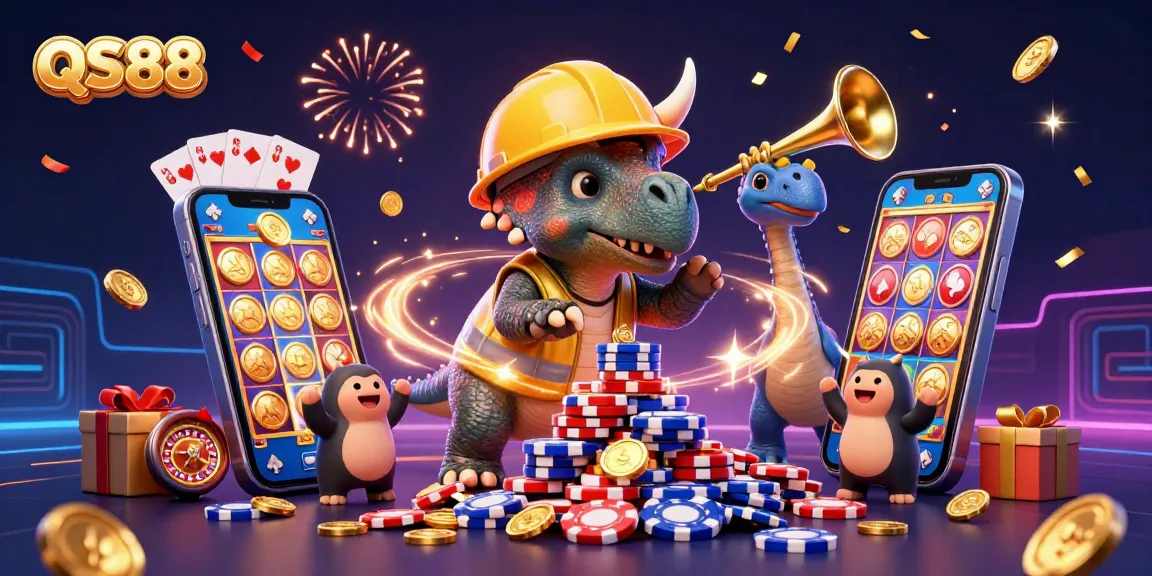 Engage with QS88's vibrant gaming scene featuring lively characters and dynamic casino elements.