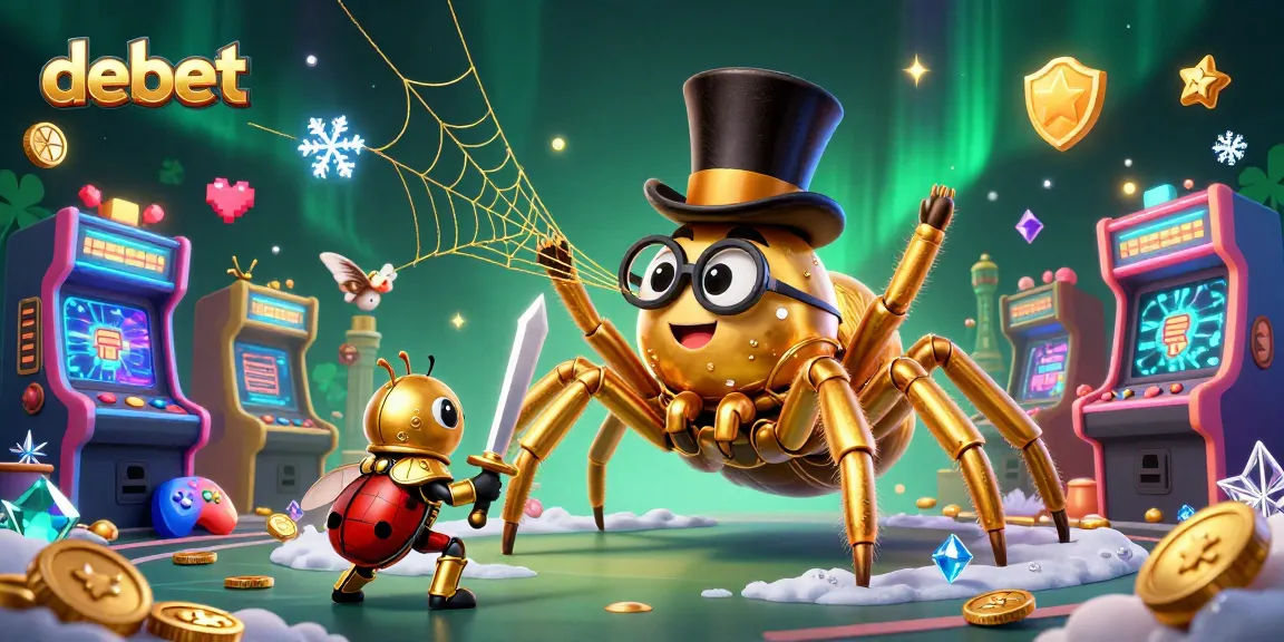 Engage with debet, a vibrant casino scene featuring a golden tarantula and a beetle knight among colorful gaming elements.