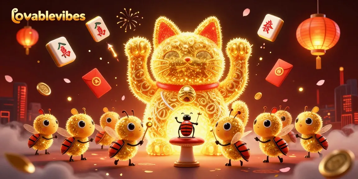 Experience the excitement at lovablevibes with vibrant casino-themed 3D illustration depicting a lucky cat and golden elements.