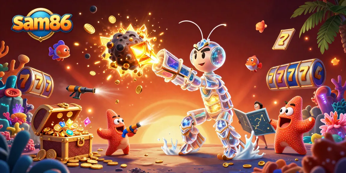 Experience thrilling action with sam86's 3D illustration of a galactic mantis shrimp amidst jackpot treasures.