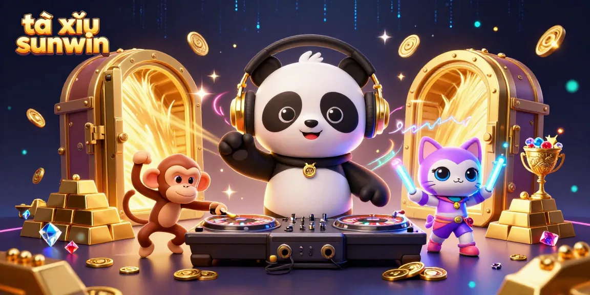 Experience the excitement of tài xỉu sunwin with colorful characters and treasure in a vibrant casino scene.