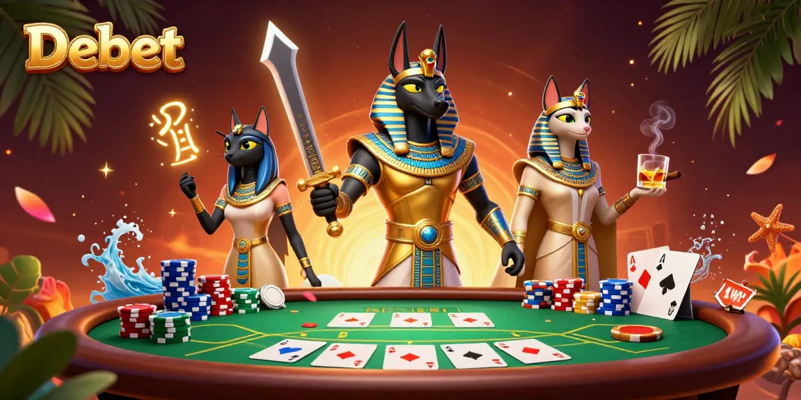 Experience the thrill of Debet gaming with Anubis and Bastet amid poker excitement and glowing symbols.