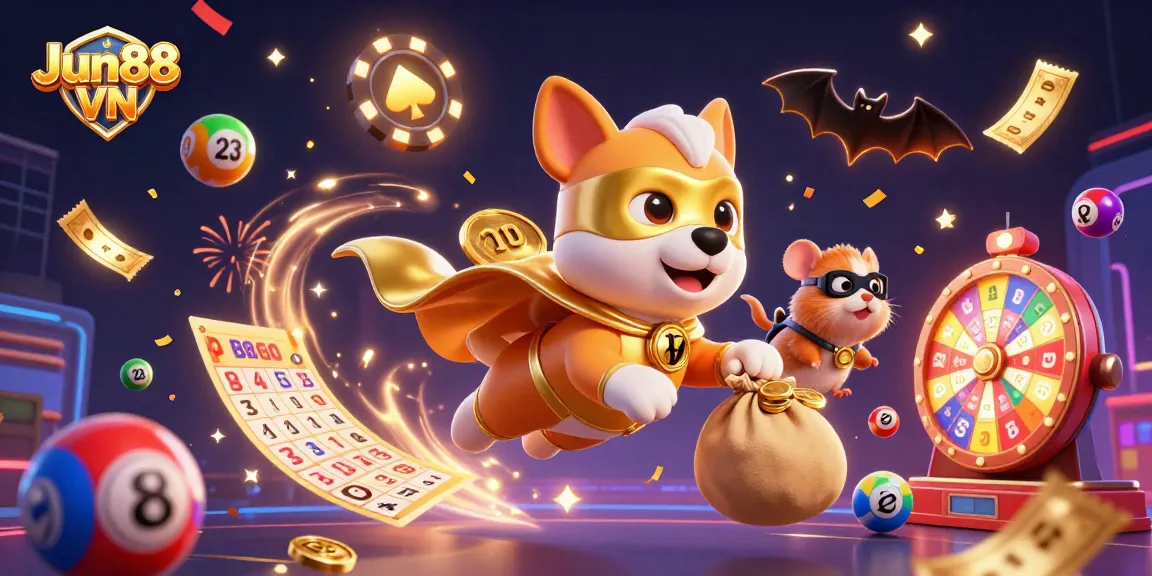 Engage in thrilling casino adventures with Jun88 VN's superhero dog and hamster as they celebrate gambling victories.