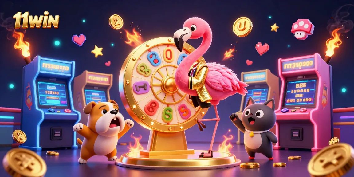 Win at 11WIN with exciting casino games and vibrant visuals in an animated scene.