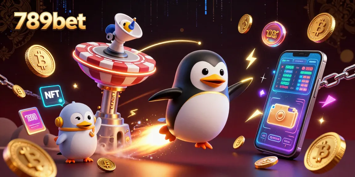 Engage in exciting gameplay with 789bet, featuring a dynamic golden penguin and crypto elements in a vibrant casino scene.