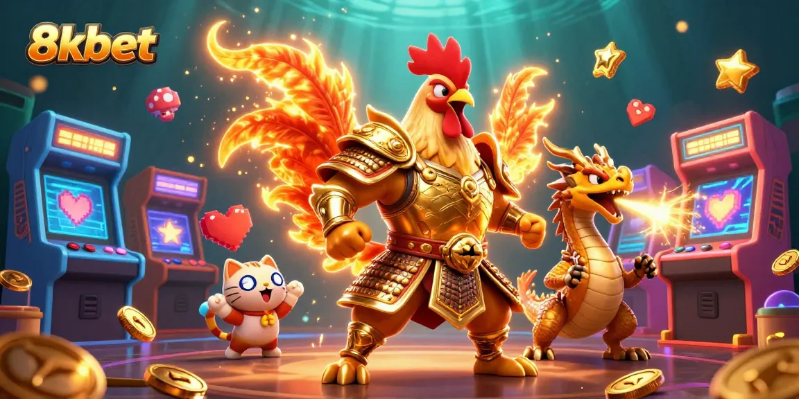 Bet and win big with 8xbet, featuring a warrior rooster and dragon in a vibrant casino scene.