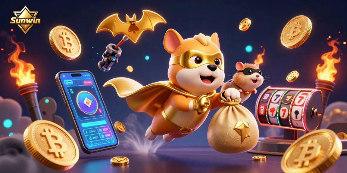 Engage with Sunwin’s dynamic casino universe, featuring a superhero dog and hamster amidst exciting slot elements.