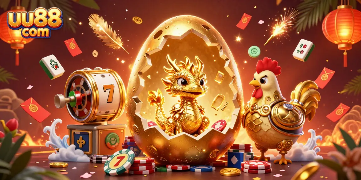 Experience the excitement of uu88 com as a golden dragon safeguards poker chips amid vibrant casino elements.