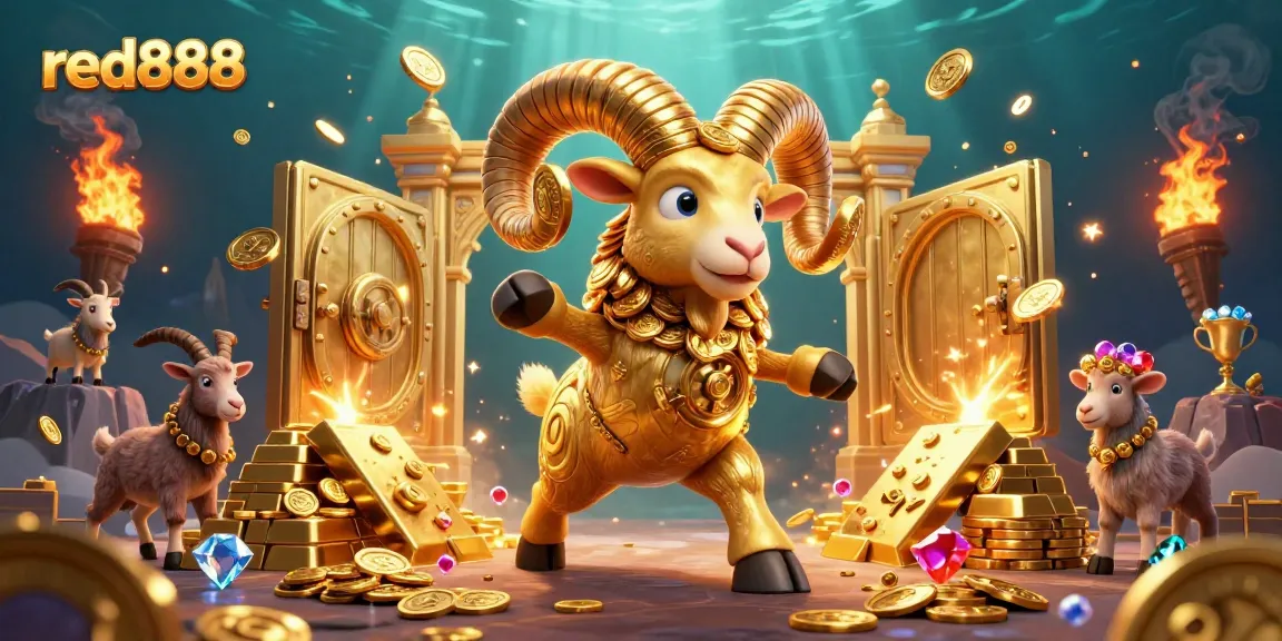 Engage with red888's vibrant casino adventure featuring a golden ram and treasure elements.