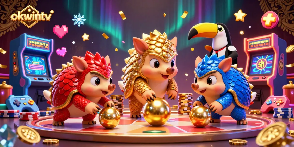 Experience thrilling gameplay with OKWINTV as pangolins roll poker chips and confetti in a vibrant 3D scene.