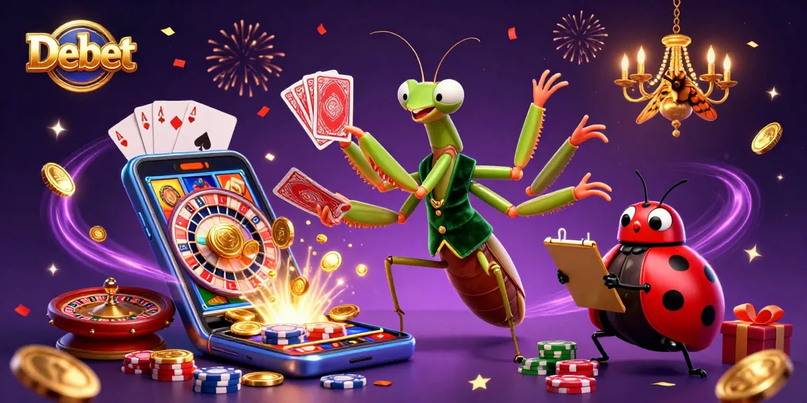 Debet showcases an energetic casino scene with a giant mantis and ladybug, emphasizing slots.