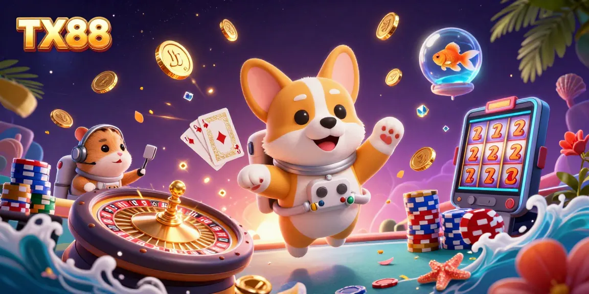 TX88 space casino scene with a corgi astronaut and floating poker elements, showcasing vibrant gambling excitement