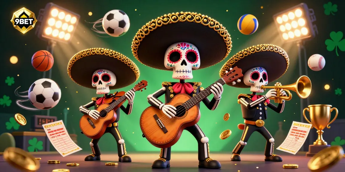 Experience 9BET’s vibrant scene with mariachi skeletons and dynamic betting elements.
