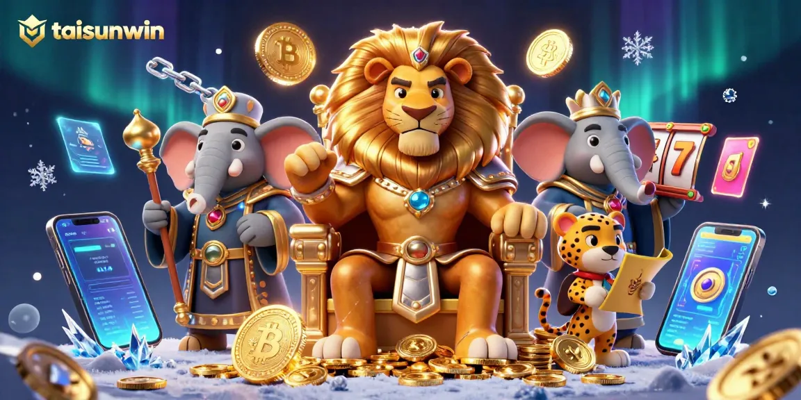 Engage with the taisunwin casino scene featuring a lion king, playing cards, and crypto coins.