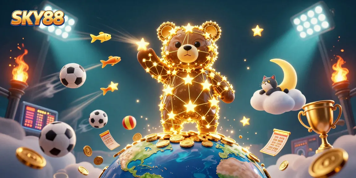 Engage with vibrant SKY88 gaming scenes featuring golden star constellation and dynamic sports elements.