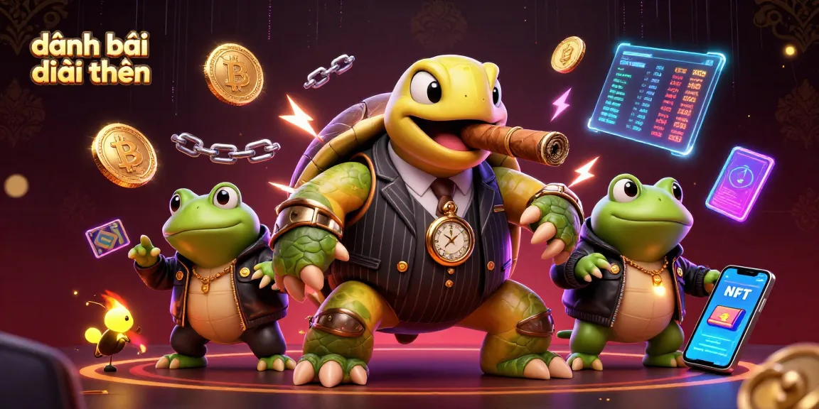 Experience đánh bài đổi thưởng in a vibrant, dynamic casino world with playful characters and glowing crypto coins.