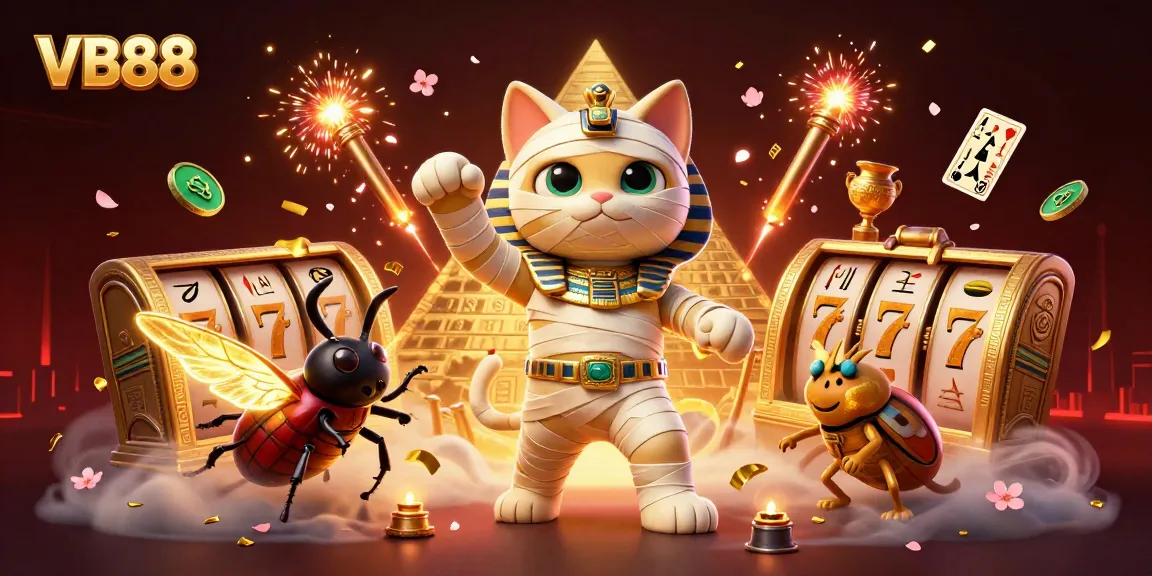 VB88 reveals thrilling jackpots with a mummy cat and dynamic slot games in an enchanting casino scene.