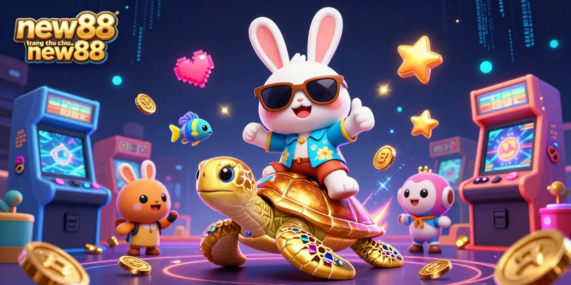 Experience the excitement of new88 trang chủ new88 with this vibrant scene featuring a lucky rabbit and a golden turtle.