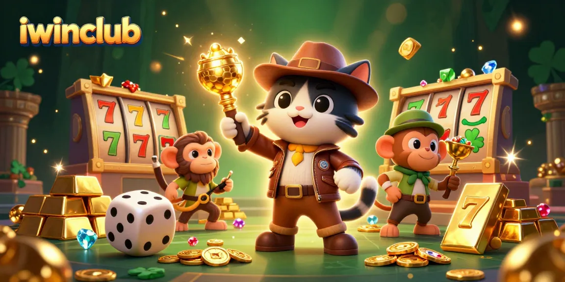 Experience the excitement of iwinclub with a vibrant 3D illustration of an explorer and treasures in a casino