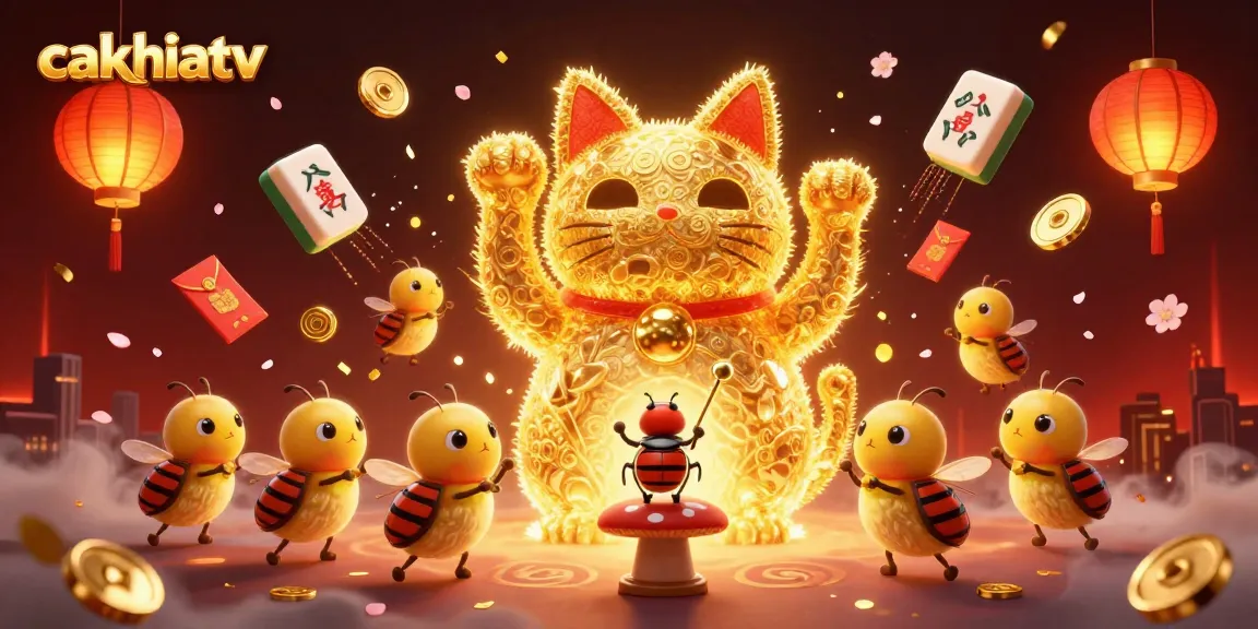 Celebrate your winnings with cakhiatv's vibrant lucky cat and casino charm, showcasing dynamic game action.