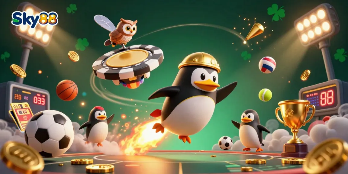 Experience Sky88's thrilling betting atmosphere with a golden penguin soaring past vibrant sports elements.