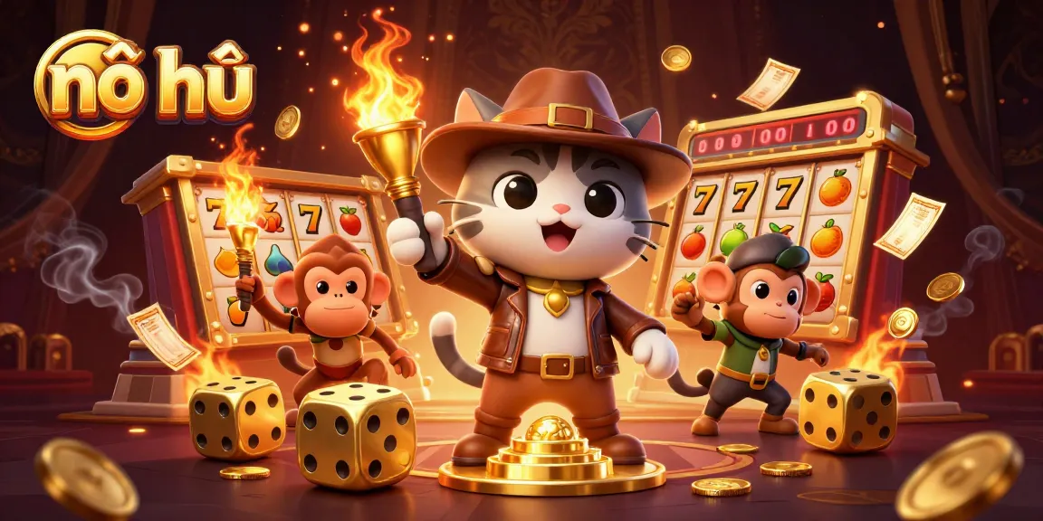 Engage with nổ hũ in this animated 3D gaming scene filled with slot reels and dynamic casino elements.