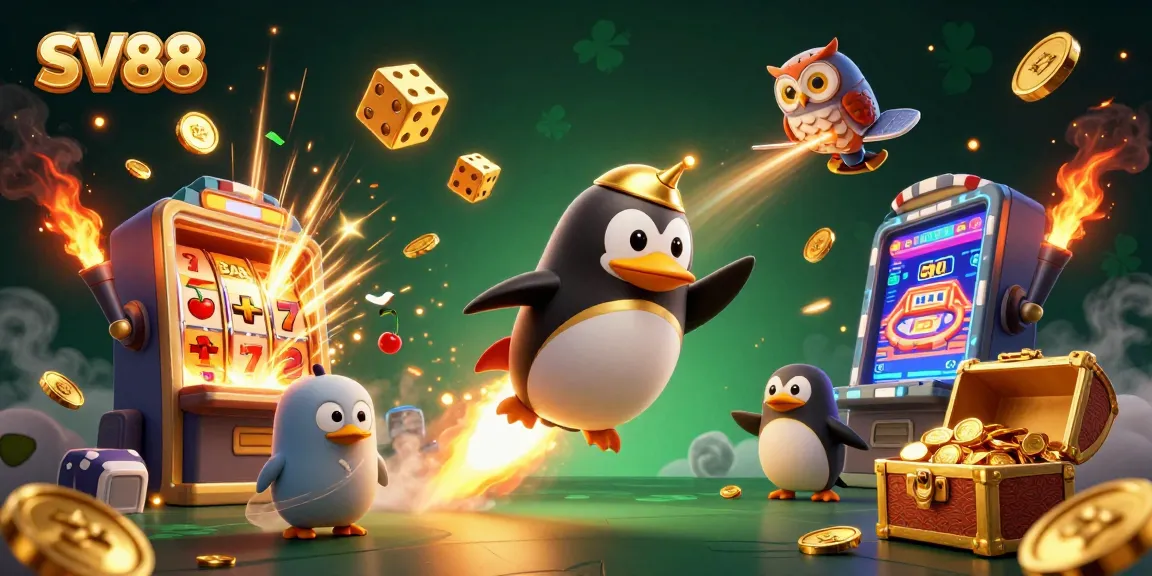 SV88 showcases an exciting casino scene with a golden penguin and vibrant gaming elements.