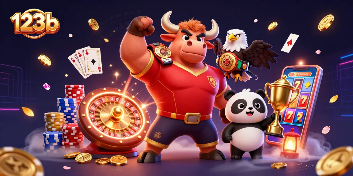 Engage with 123b in a vibrant 3D casino scene featuring a winning bull mascot and festive elements.