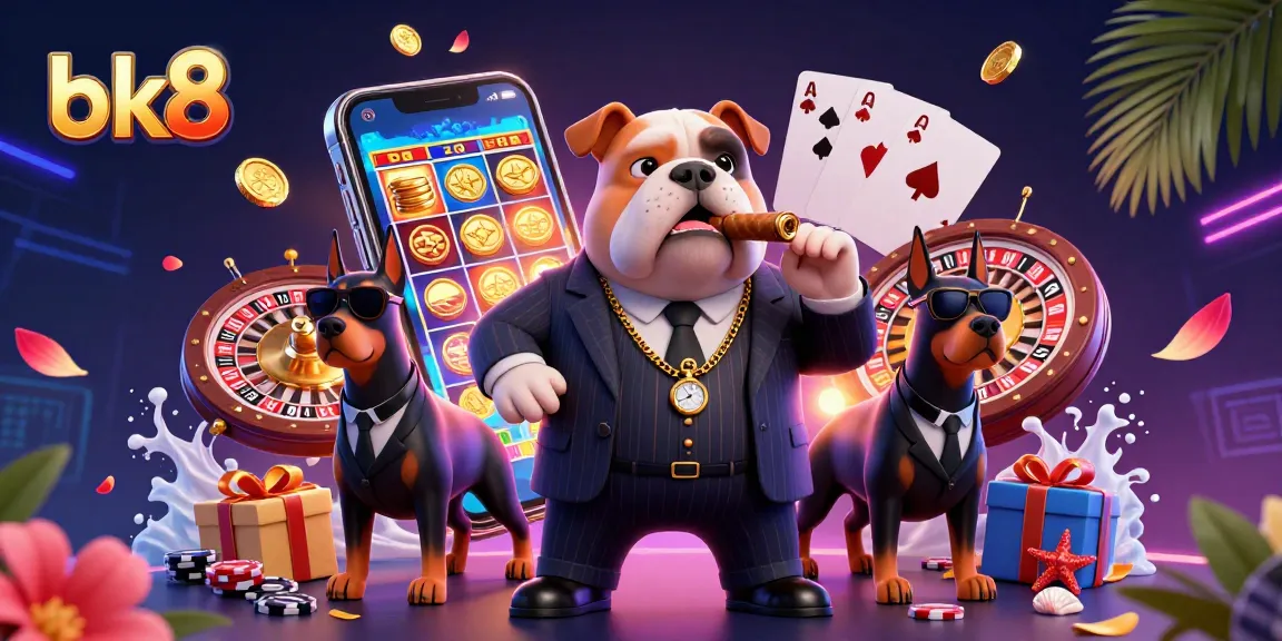 Join the excitement at bk8 with a vibrant 3D illustration showcasing a bulldog mafia boss and his Doberman bodyguards surrounded by colorful casino elements.