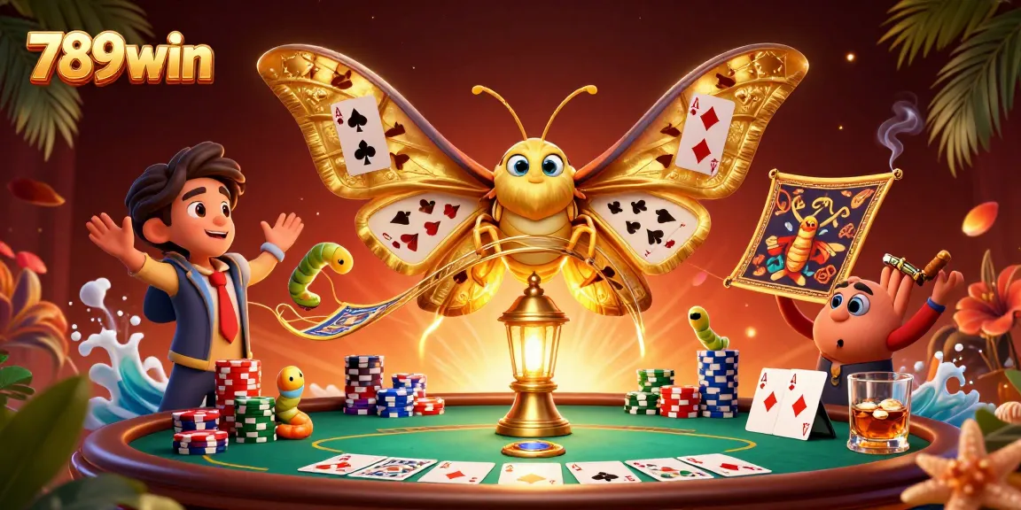 Engage with 789win's vibrant casino scene featuring a majestic moth and poker elements.