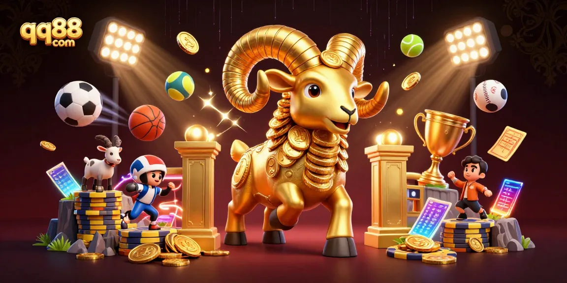 Bet big and win with qq88 com, as illustrated by a golden ram charging through a dynamic casino scene.