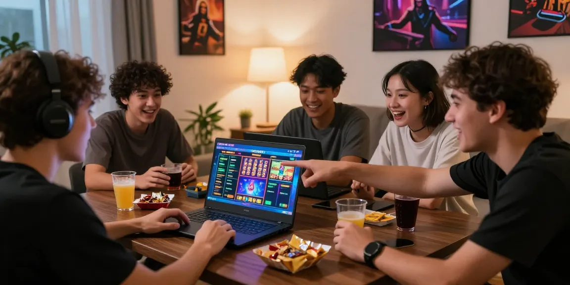 Friends enjoying a lively gaming session at SHBET with snacks and excitement.
