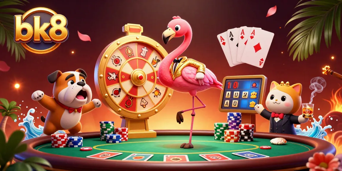 Excited bulldog celebrates while spinning the bk8 prize wheel with flamingo host in casino scene.