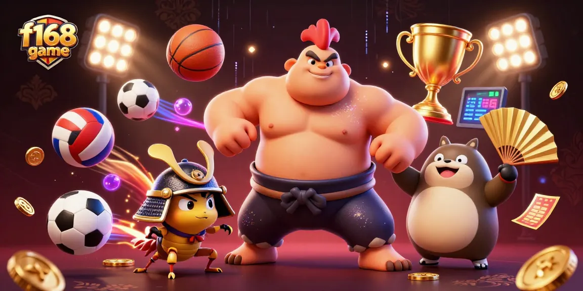 Experience thrilling action in f168 game as a sumo rooster stomps, surrounded by dynamic sports elements.