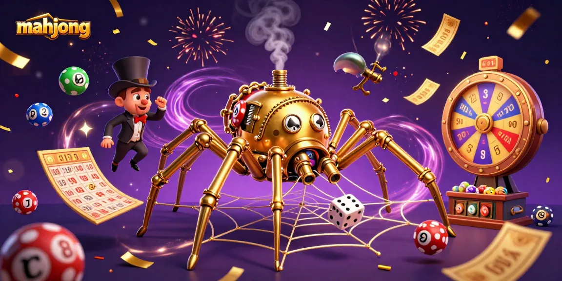 Experience mahjong excitement with a golden spider and colorful casino elements in this vibrant illustration.