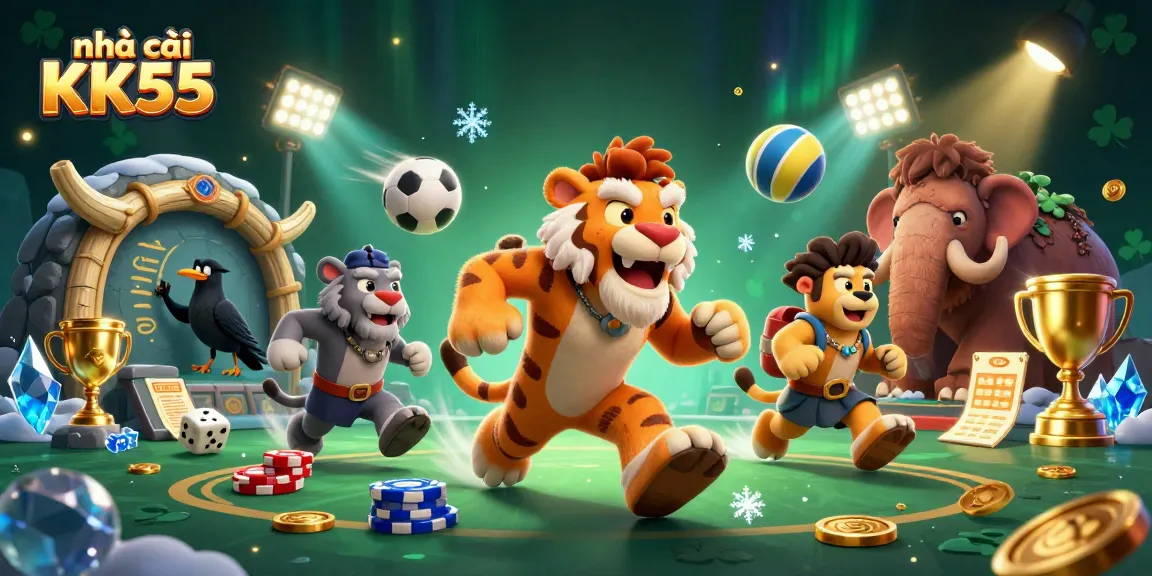 Experience the thrill at nhà cái KK55 with a vibrant prehistoric casino scene brimming with activity.